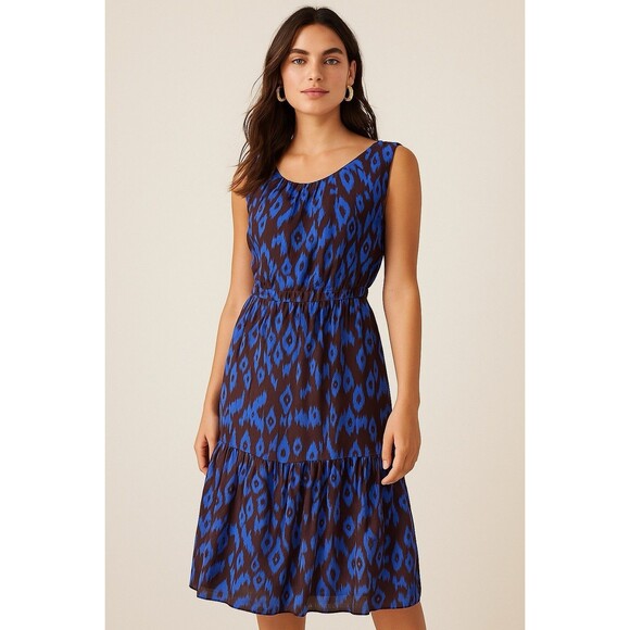 Wayward Francies eShakti Women's 2 Blue Brown Print Dress Fit And Flare Retro - Picture 1 of 15